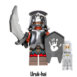 Load image into Gallery viewer, Uruk-hai red-trim armor variant custom brick minifigure from The Lord of the Rings, with a white-hand helmet, curved sword and black shield.