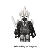 Load image into Gallery viewer, Witch-king of Angmar custom brick minifigure from The Lord of the Rings, with a silver spiked helmet, black cape and sword.