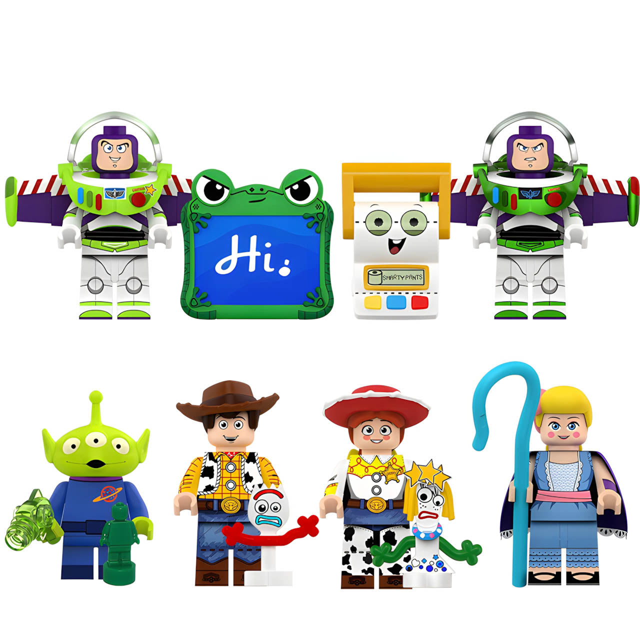 Toy Story 5 Buzz Lightyear Minifigures custom 8-piece brick set featuring Lily Pad, Buzz Lightyear, Woody, and Forky.
