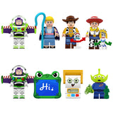 Load image into Gallery viewer, Toy Story 5 Buzz Lightyear Minifigures custom 8-piece brick set featuring Lily Pad, Buzz Lightyear, Woody, and Forky.